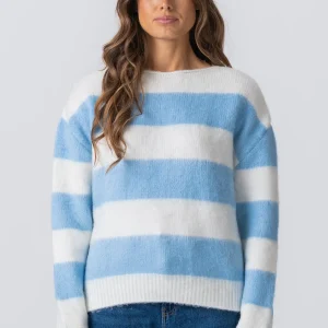 Pull tricoté à rayures Celina - Blanc / Bleu ciel