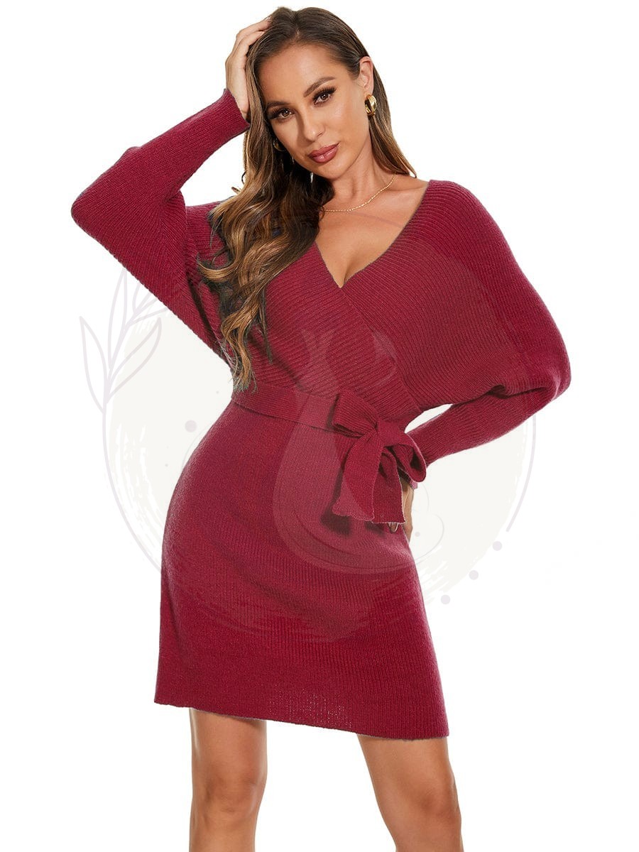 Robe pull moulante en tricot Manches dolman Encolure en V – Image 5