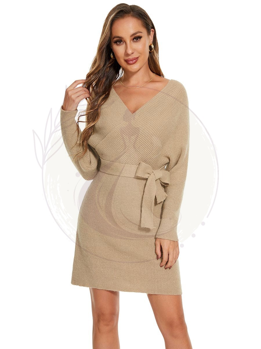 Robe pull moulante en tricot Manches dolman Encolure en V – Image 9