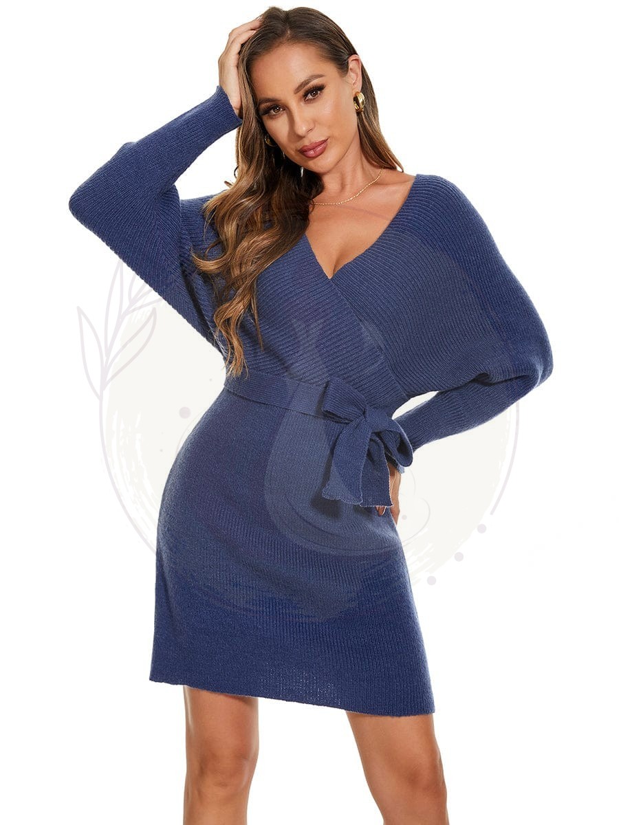 Robe pull moulante en tricot Manches dolman Encolure en V – Image 6