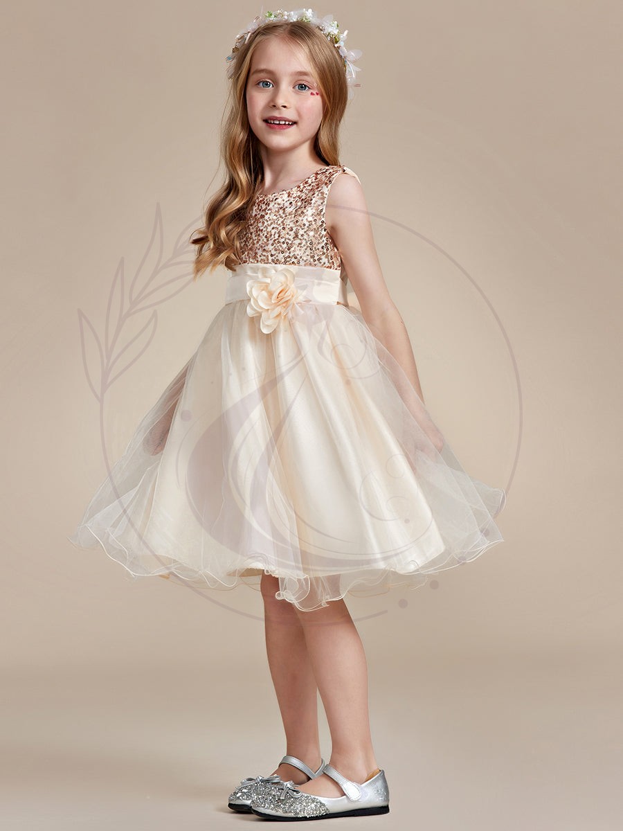 Robe Enfant d’Honneur à paillettes en tulle avec ceinture fleurie – Image 3