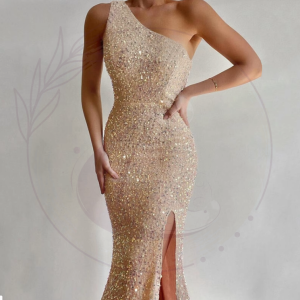 Robe de soirée longue asymétrique à paillettes avec fente