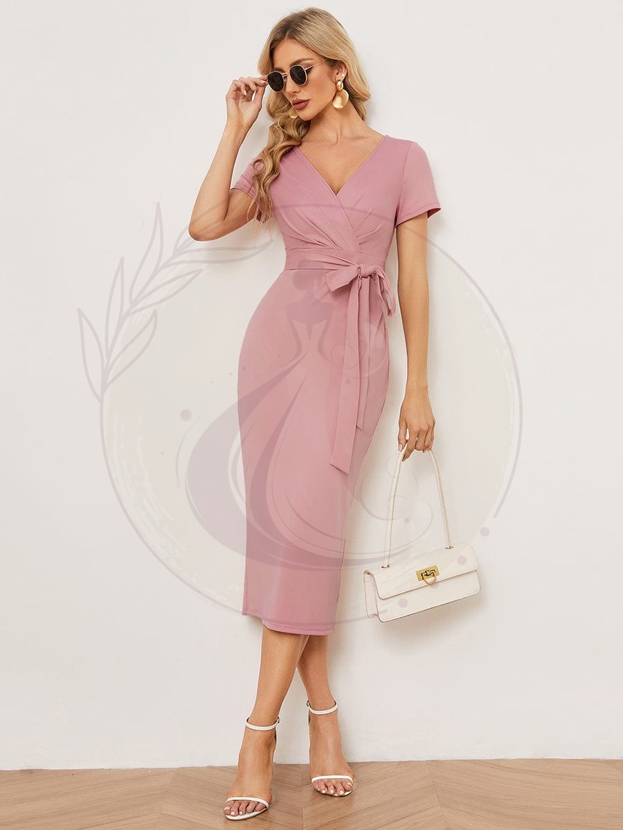 Robe décontractée fourreau à col en V et à taille nouée à manches courtes – Image 6