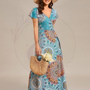 Robe Décontractée d’été une pièce imprimée à manches courtes et taille nouée