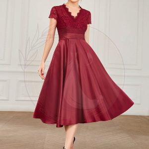 Élégante Robe mariage invitée mi-longue à manches courtes