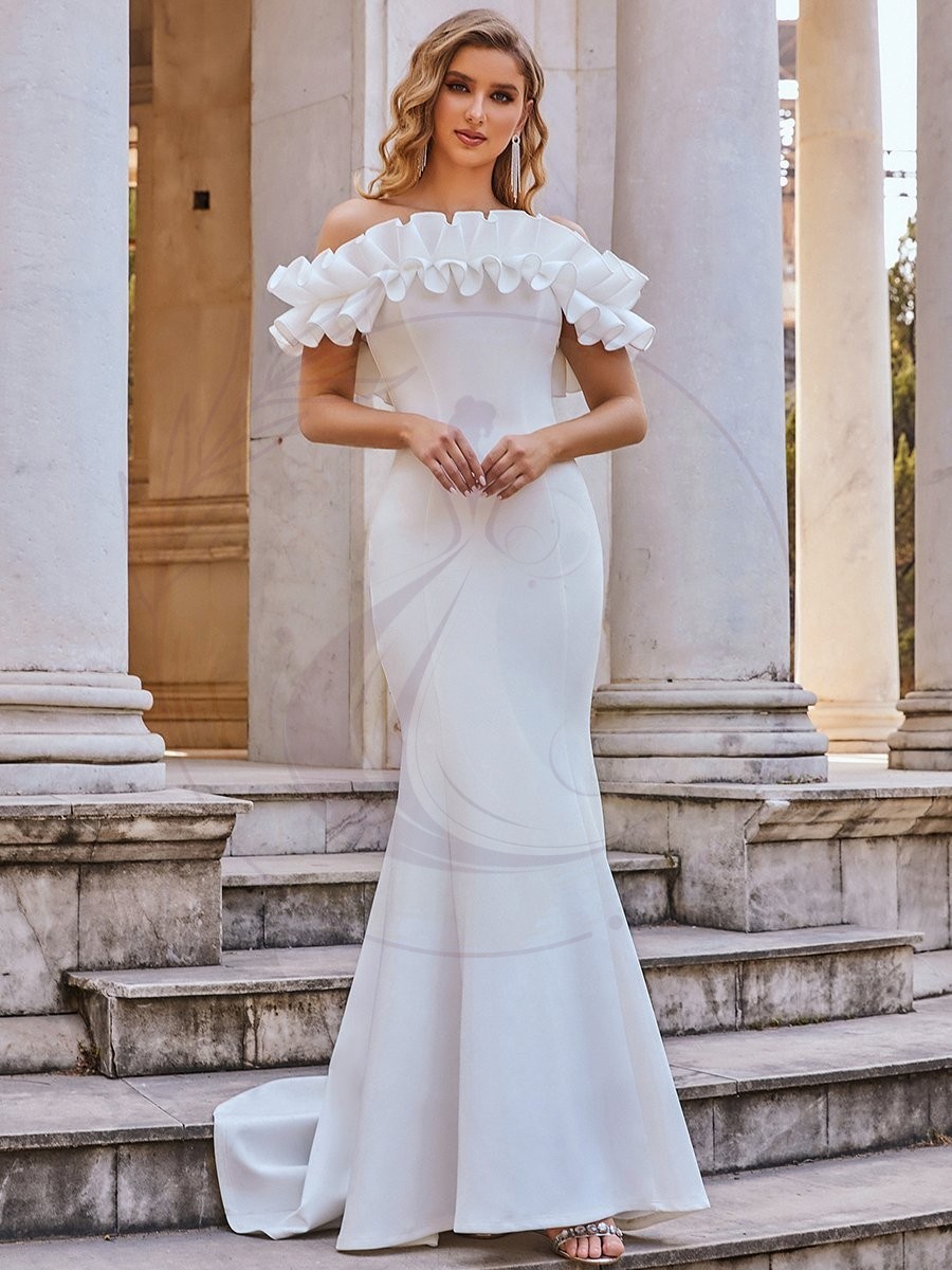 Robe de soirée longue en queue de poisson à volants et épaules dénudées – Image 3