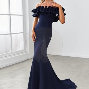 Robe de soirée longue en queue de poisson à volants et épaules dénudées