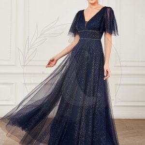 Jolie robe de soirée longue en tulle avec col en V profond