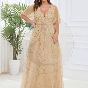 Grande Taille Robe de Soirée Romantique Scintillante à col en V et Manches à Volants