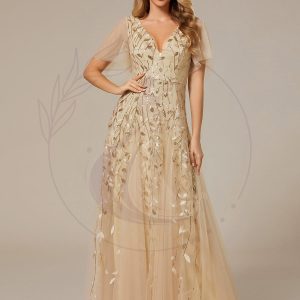 Robe d’Invité de Superbe Mariage Longue à Col en V et Manches à Volants