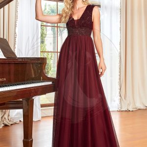 Robe de soirée longue plissée à col en V et à sequins sans manches