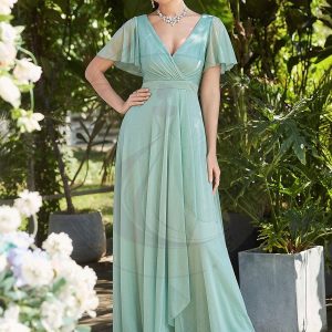 Robe de soirée A-ligne scintillante à encolure en V froncée à volants