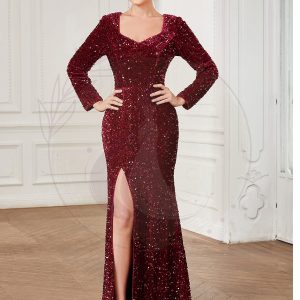 Robe de soirée fendue moulante Manches longues Sequins