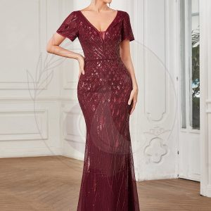 Robe de soirée moulante Manches courtes Col en V Illusion