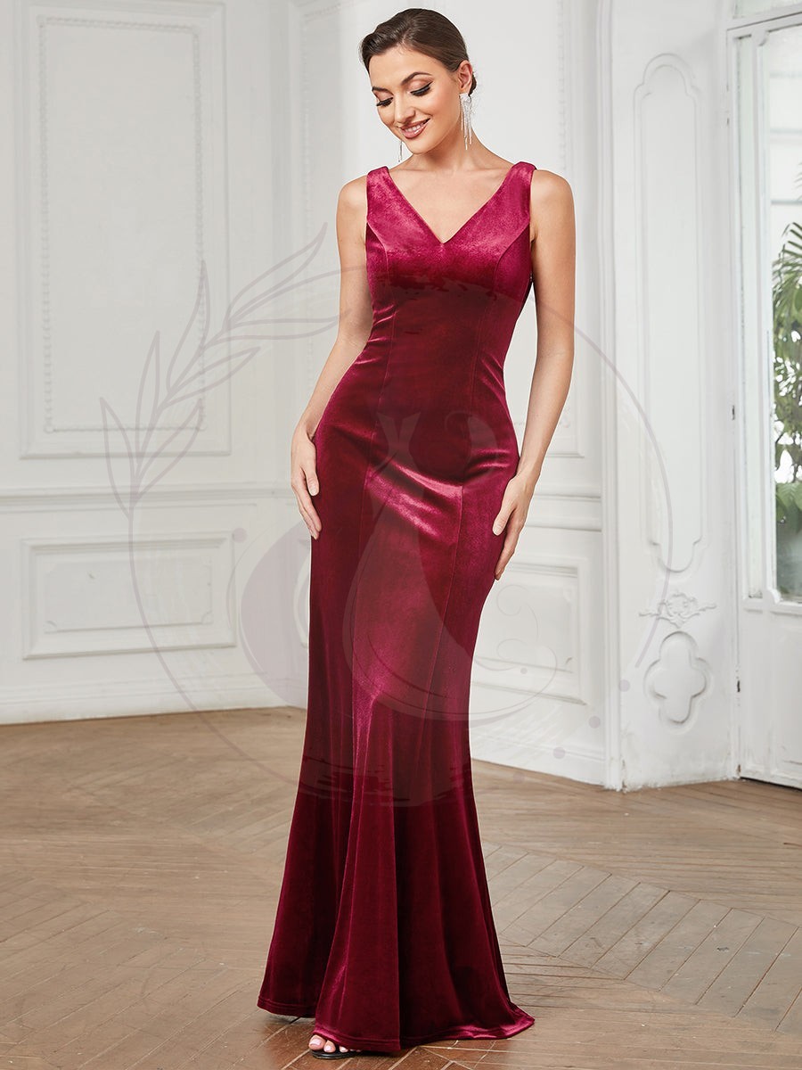 Robe de soirée moulante Velours sans manches Col en V à capuche – Image 5