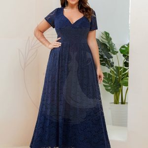 Robe de soirée Dentelle Taille cintrée Manches courtes Col en V