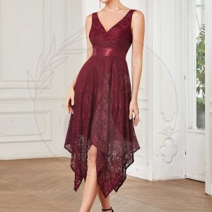 Robe de Soirée Asymétrique à la Taille en Ruban en Dentelle