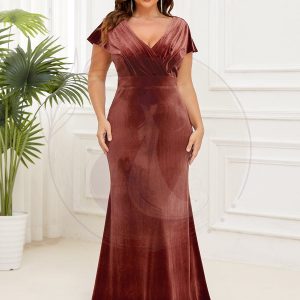 Robe de Soirée Plissée en Velours Col en V de Grande Taille