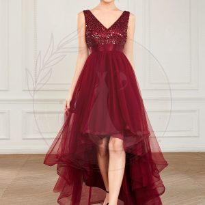 Robe de soirée haute basse sans manches à col en V et sequins