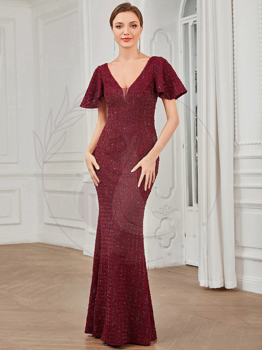 Robe de soirée Sequins moulante Manches courtes Encolure en V