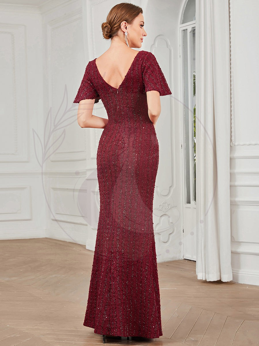 Robe de soirée Sequins moulante Manches courtes Encolure en V – Image 3