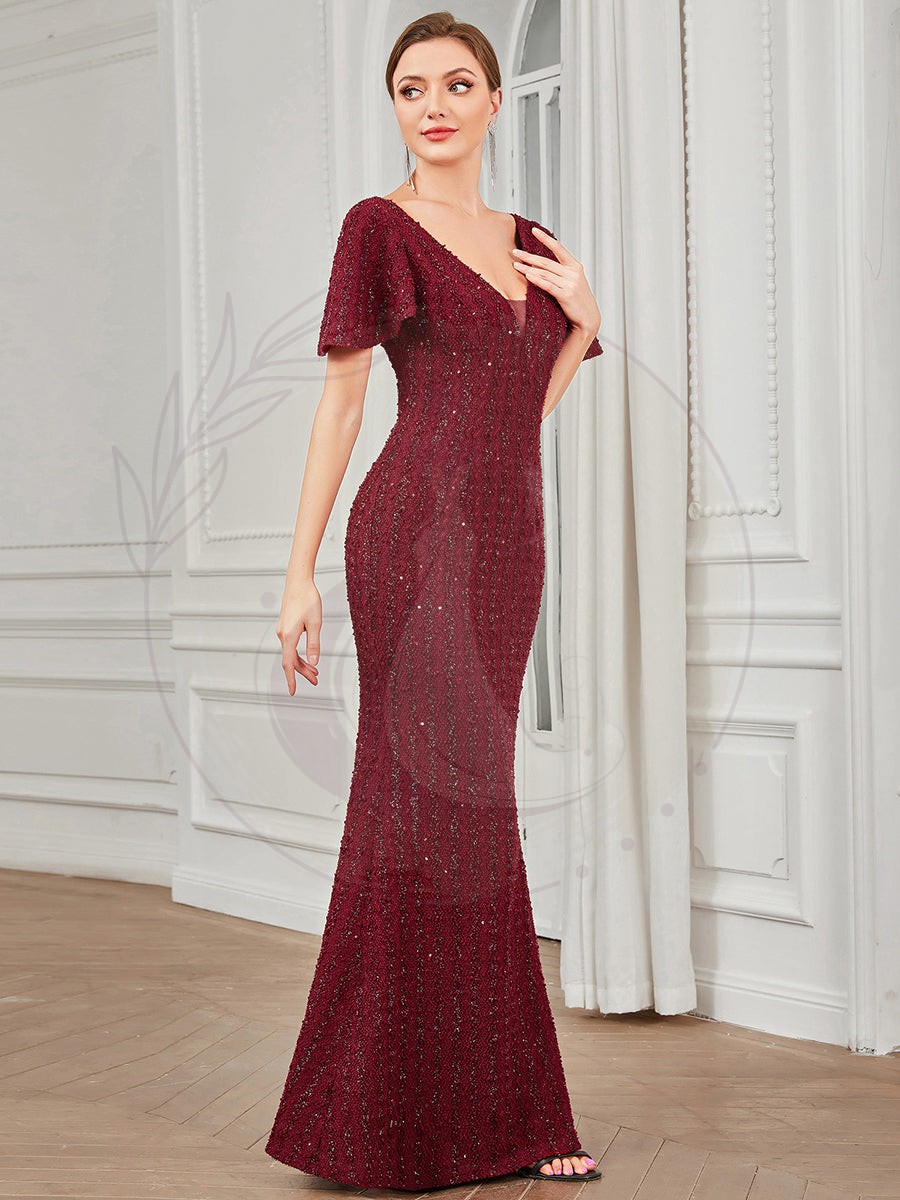 Robe de soirée Sequins moulante Manches courtes Encolure en V – Image 5