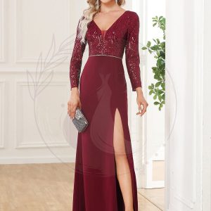 Robe de soirée à manches longues et col en V à paillettes