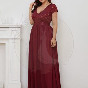 Robe de Soirée Maxi en Mousseline de Soie à Col en V de Grande Taille à Manches Courtes