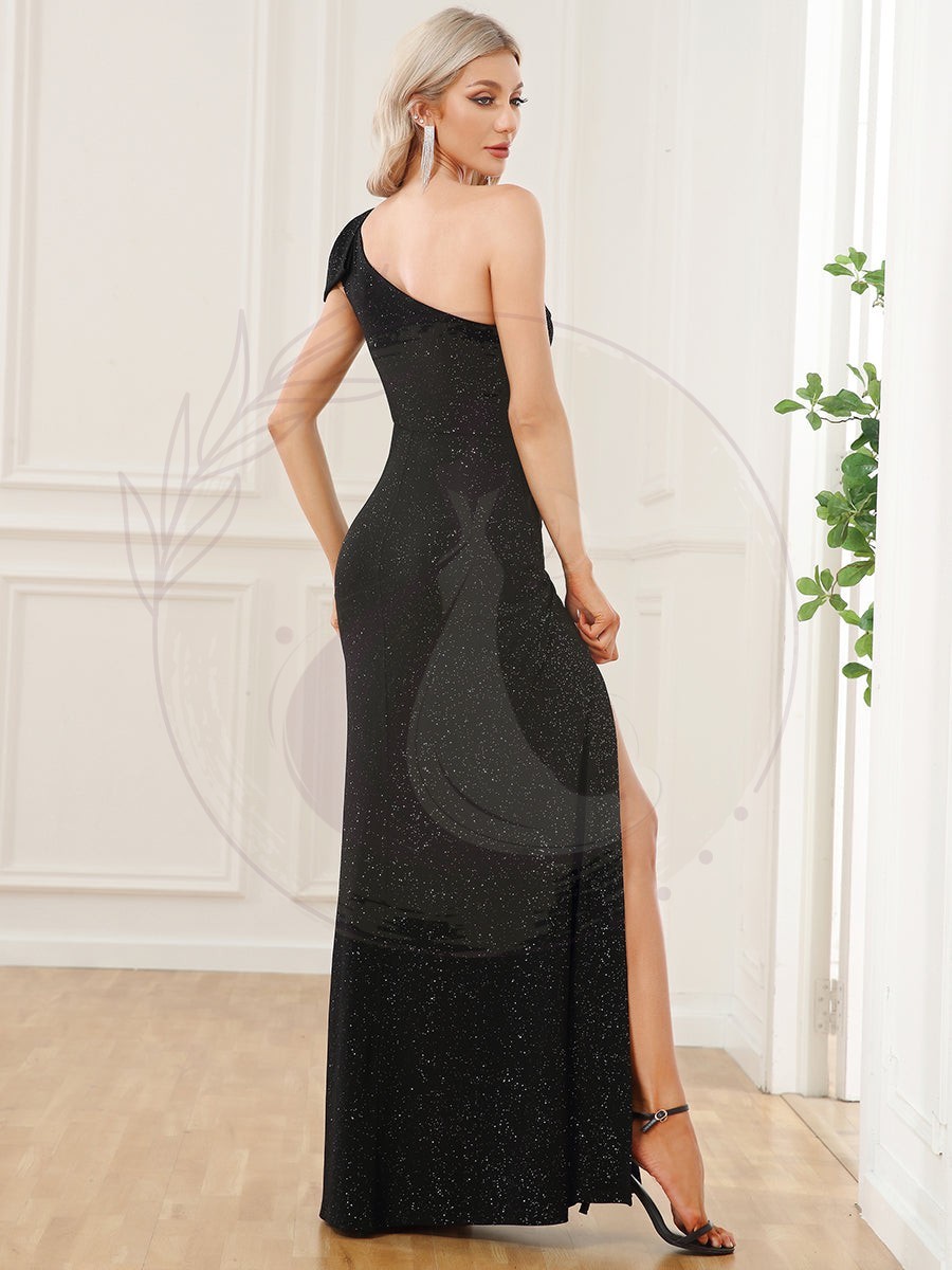 Robe de soirée fendue moulante avec nœud papillon et une épaule – Image 3