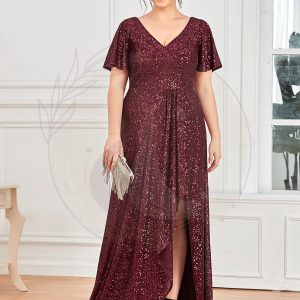 Robe de Soirée Manches Courtes Col en V Paillettes Grande Taille