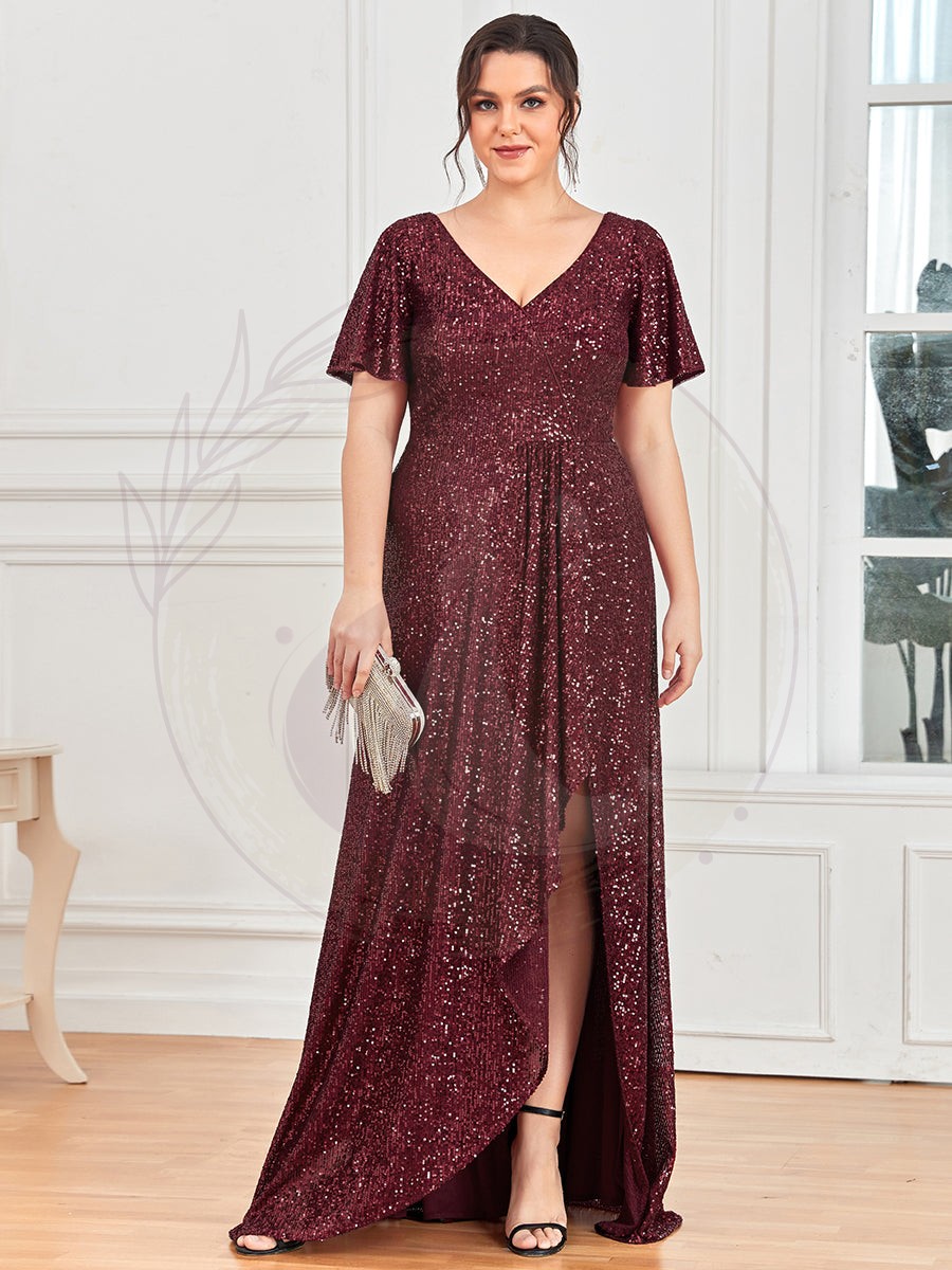 Robe de Soirée Manches Courtes Col en V Paillettes Grande Taille – Image 2