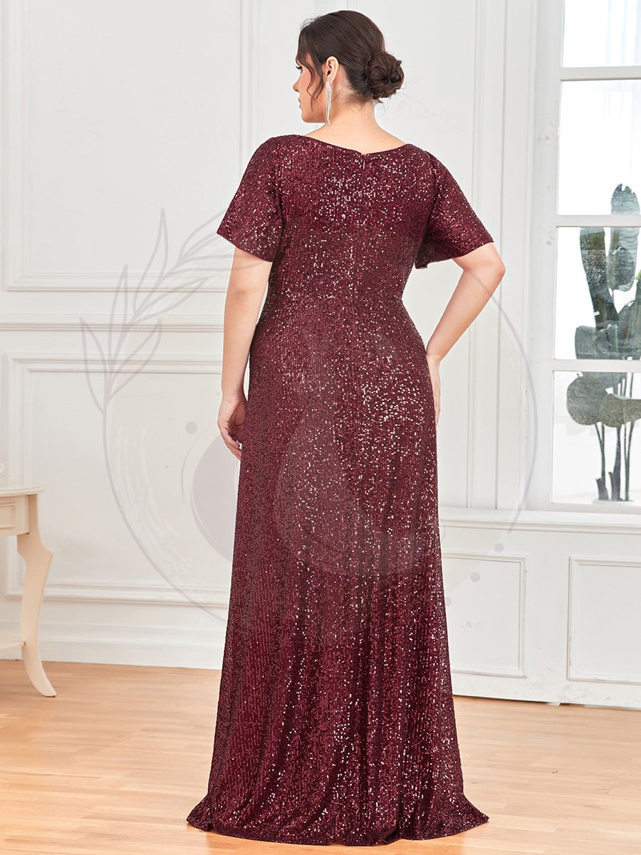 Robe de Soirée Manches Courtes Col en V Paillettes Grande Taille – Image 4