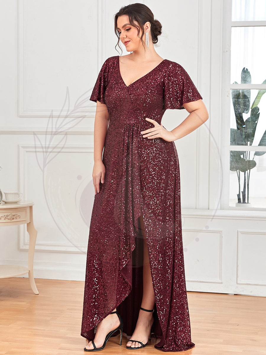 Robe de Soirée Manches Courtes Col en V Paillettes Grande Taille – Image 6