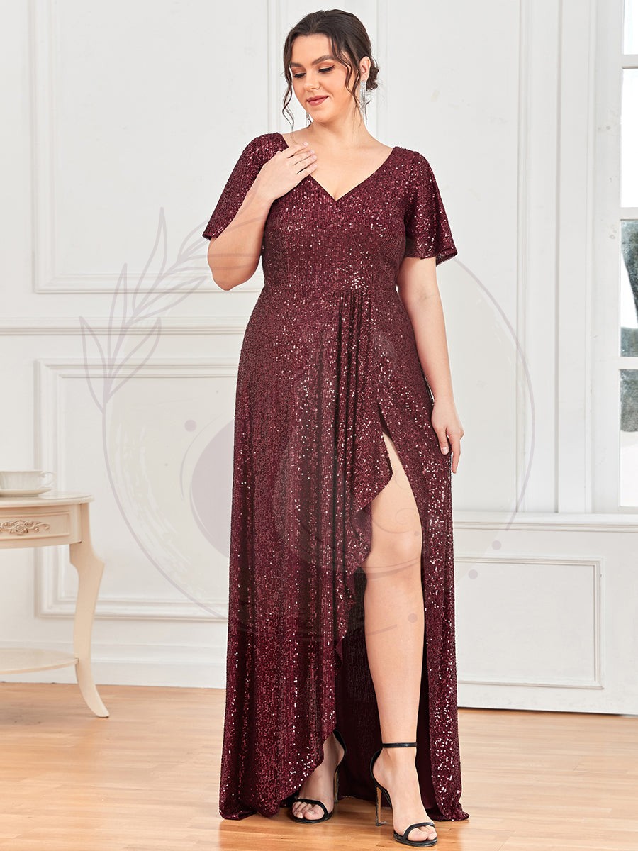 Robe de Soirée Manches Courtes Col en V Paillettes Grande Taille – Image 7