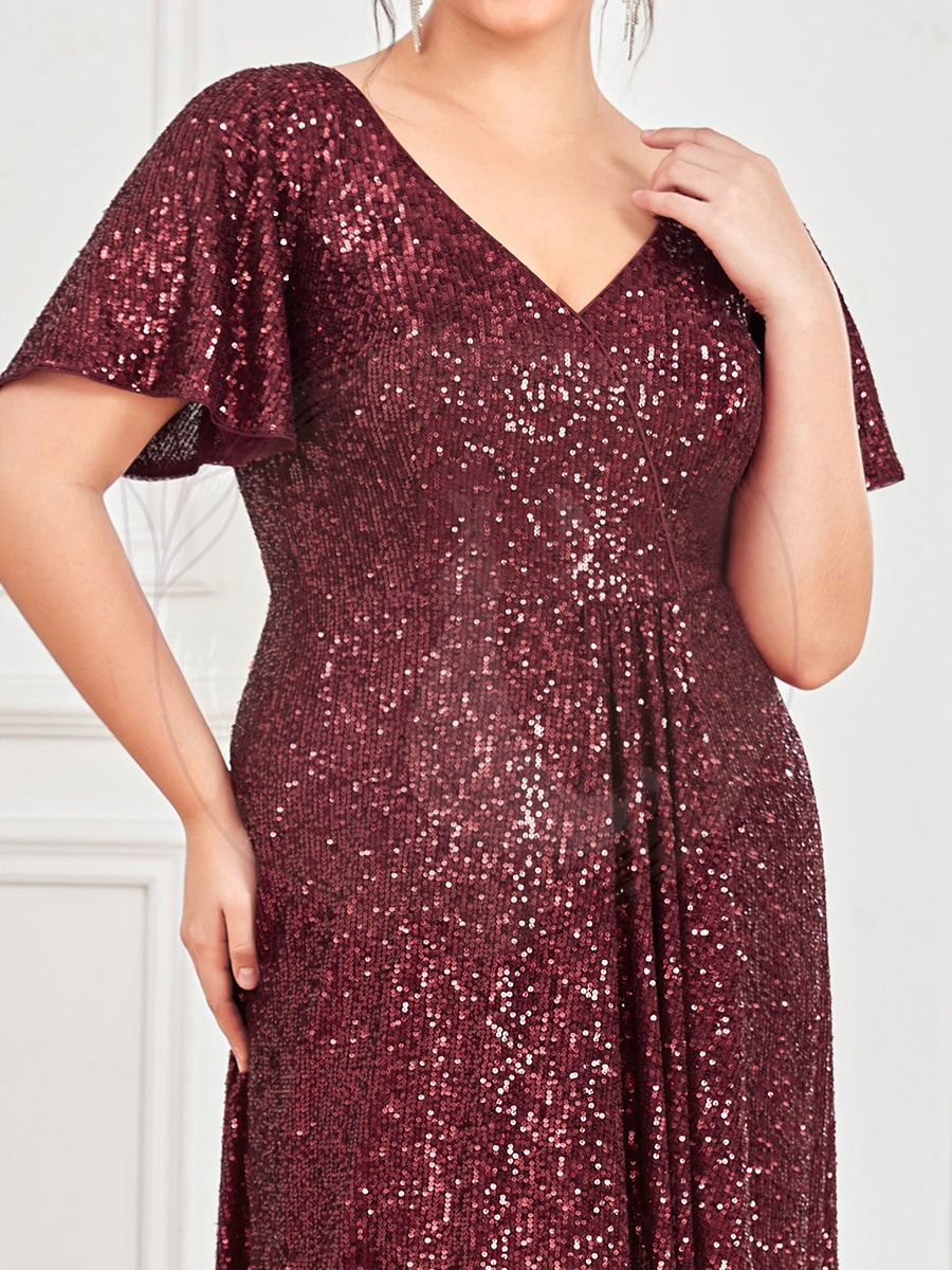 Robe de Soirée Manches Courtes Col en V Paillettes Grande Taille – Image 5