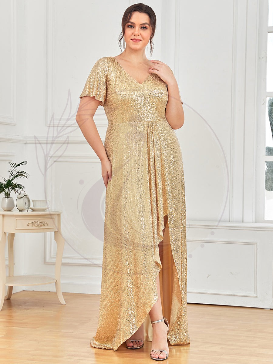 Robe de Soirée Manches Courtes Col en V Paillettes Grande Taille – Image 3