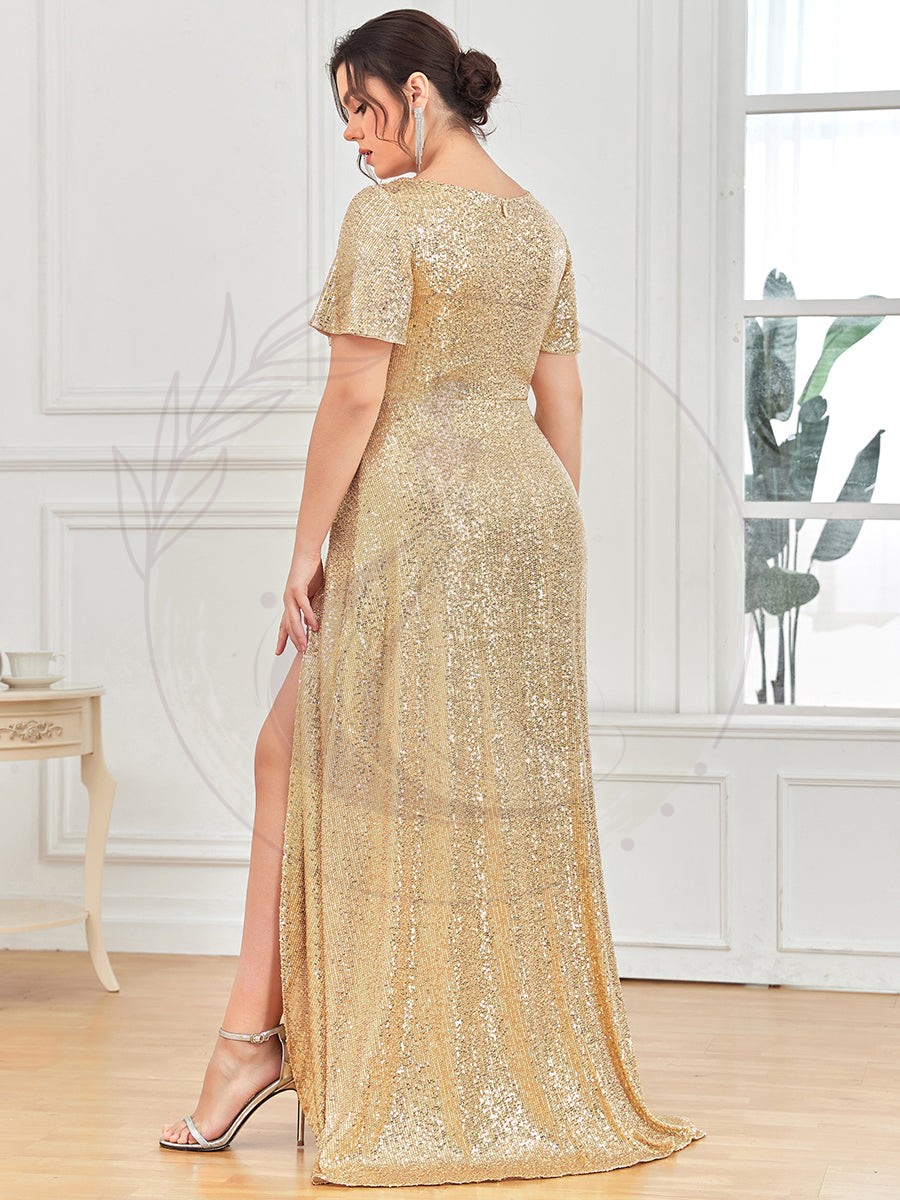 Robe de Soirée Manches Courtes Col en V Paillettes Grande Taille – Image 8