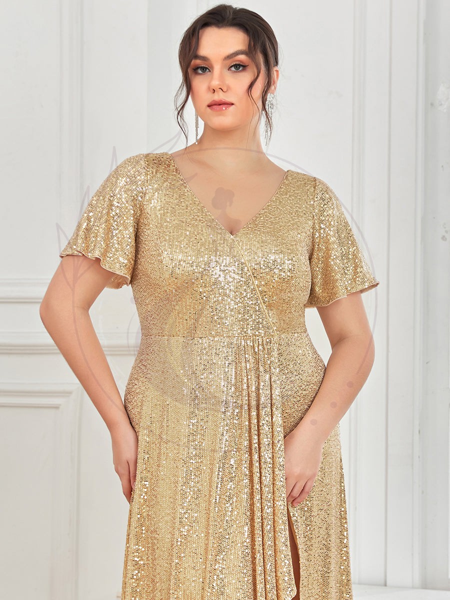 Robe de Soirée Manches Courtes Col en V Paillettes Grande Taille – Image 9