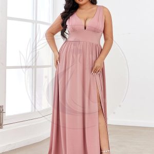 Robe de Soirée Grande Taille Sans Manches Col en V Taille Empire Fendue au Sol