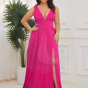 Robe de Bal Grande Taille Sans Manches Col en V Taille Empire Fendue au Sol
