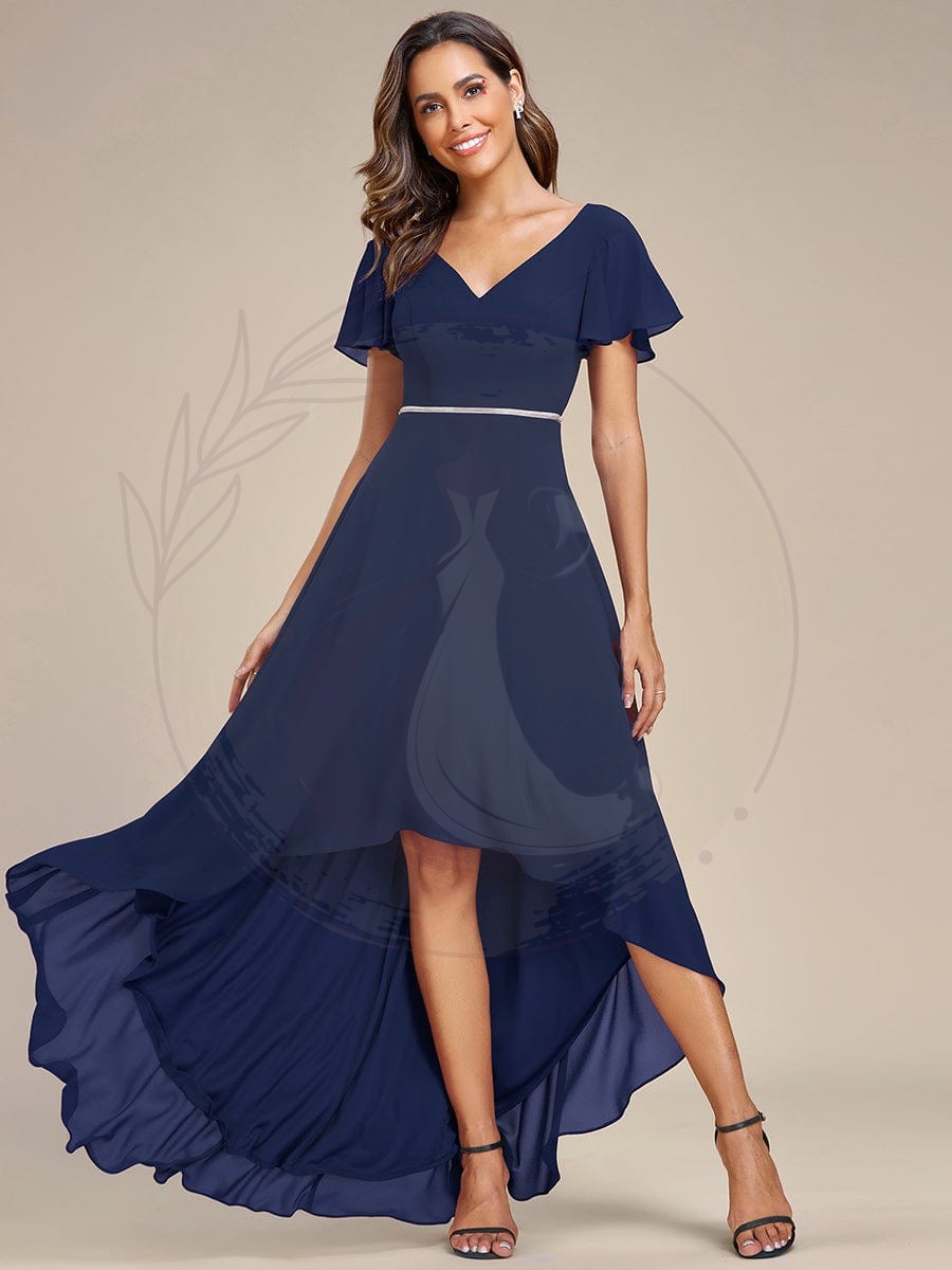 Robe de Soirée mousseline Manches volantées col en V ourlet Haute-basse – Image 4