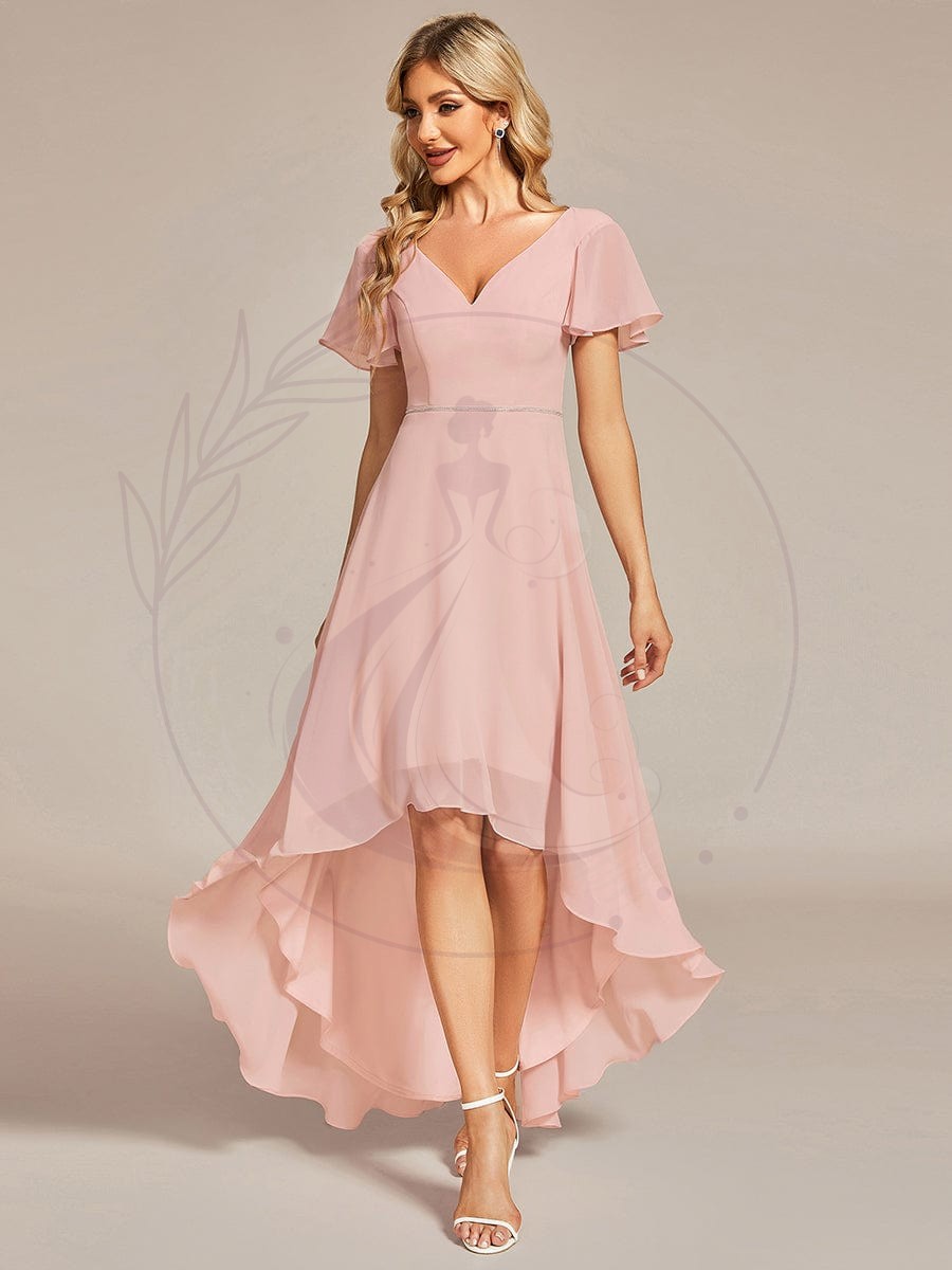 Robe de Soirée mousseline Manches volantées col en V ourlet Haute-basse