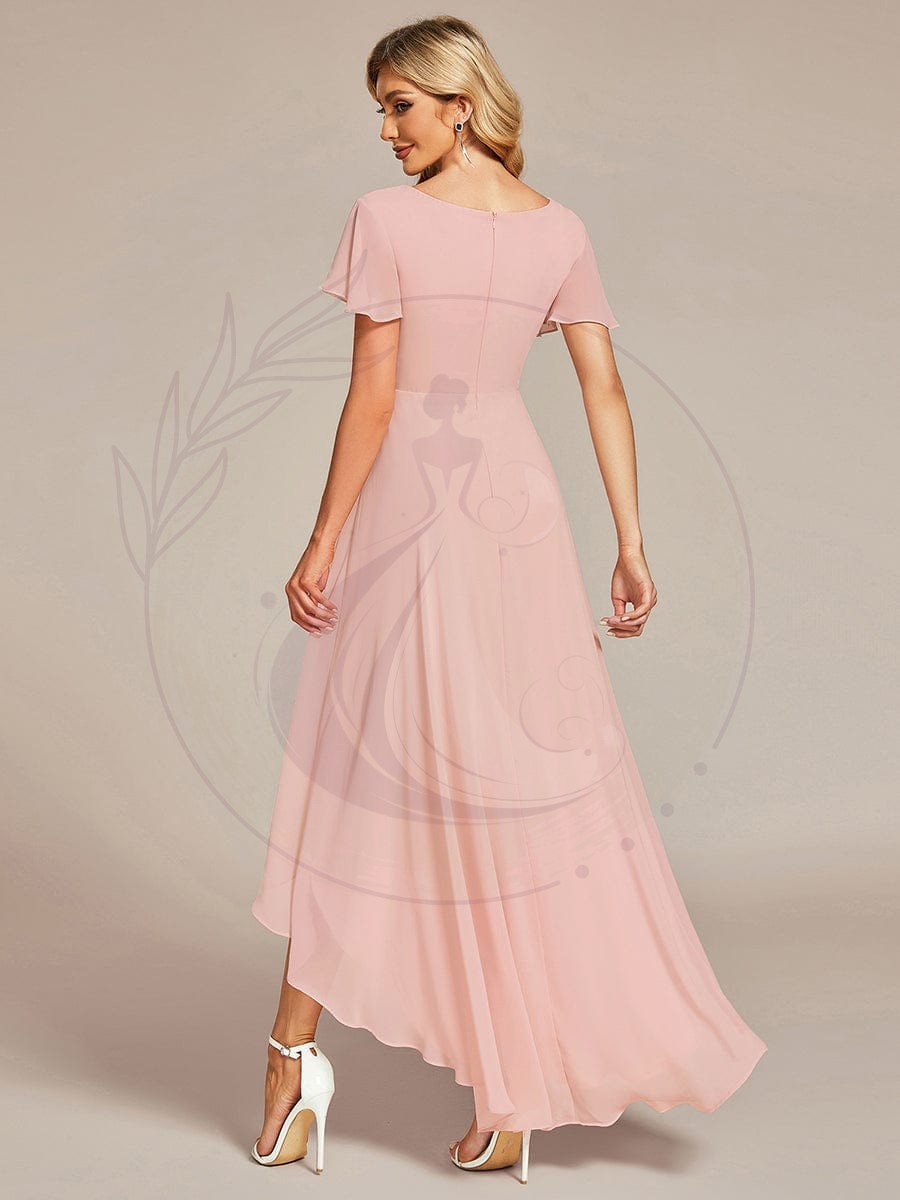 Robe de Soirée mousseline Manches volantées col en V ourlet Haute-basse – Image 5