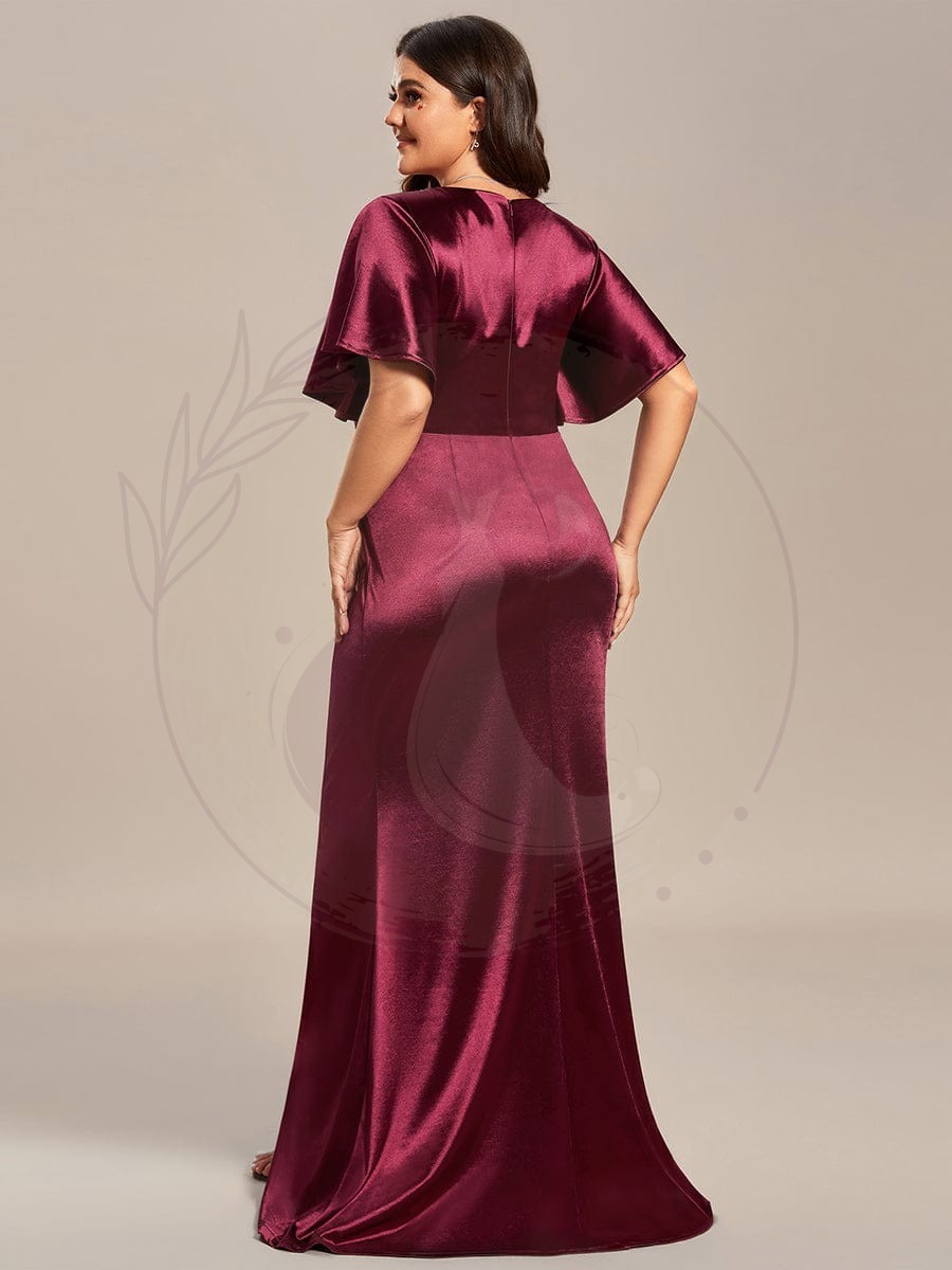 Robe de soirée plissée moulante à volants de grande taille en satin extensible – Image 4
