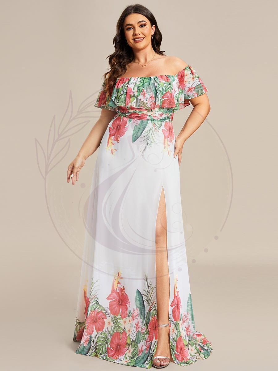 Robe de soirée imprimée taille élastique à épaules dénudées d’été grande taille – Image 8