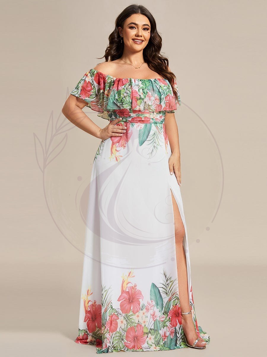 Robe de soirée imprimée taille élastique à épaules dénudées d’été grande taille – Image 3