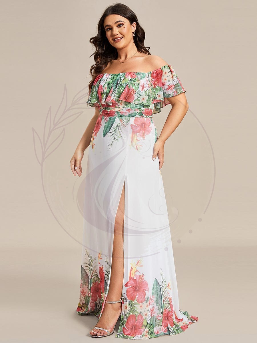 Robe de soirée imprimée taille élastique à épaules dénudées d’été grande taille – Image 7