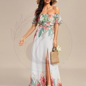 Robe de Soirée trapèze mousseline imprimée d’été à épaules dénudées