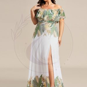 Robe de soirée imprimée taille élastique à épaules dénudées d’été grande taille