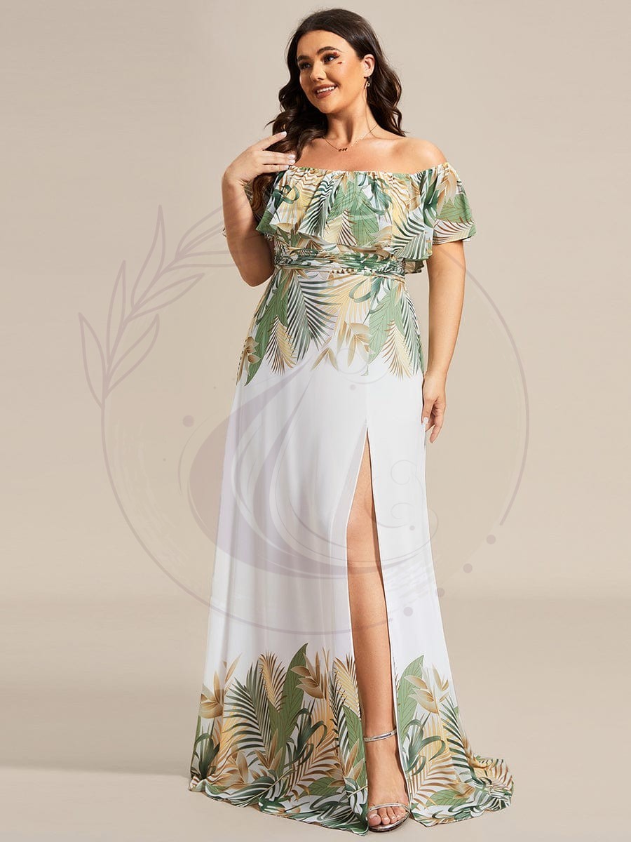 Robe de soirée imprimée taille élastique à épaules dénudées d’été grande taille – Image 2